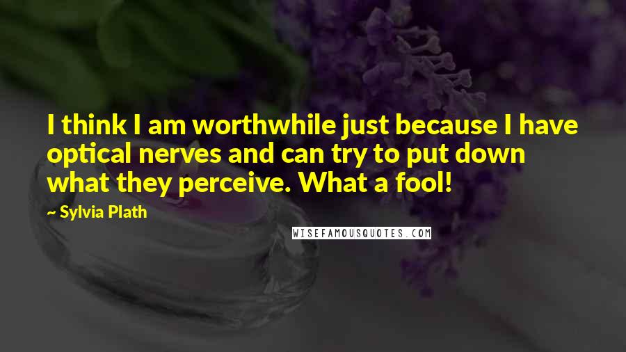 Sylvia Plath Quotes: I think I am worthwhile just because I have optical nerves and can try to put down what they perceive. What a fool!