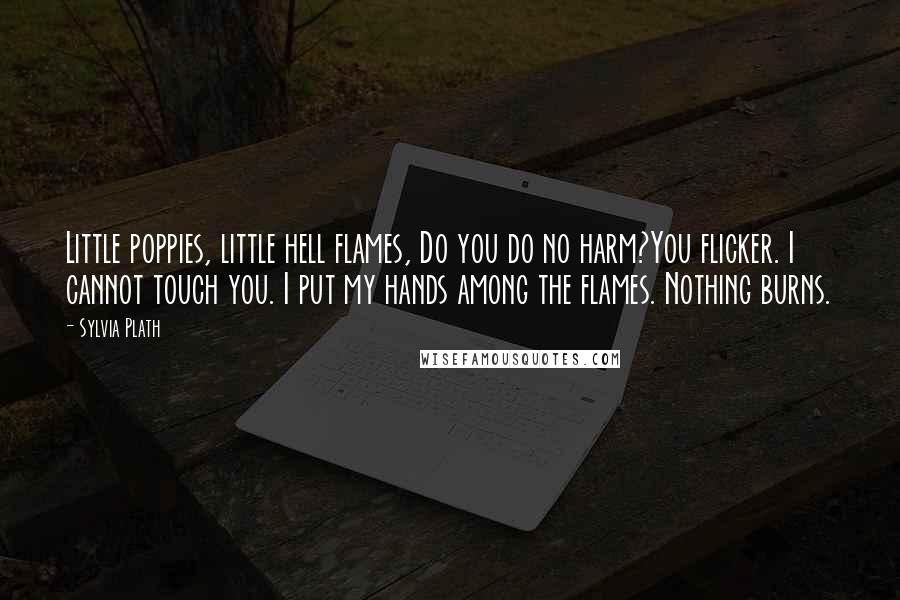 Sylvia Plath Quotes: Little poppies, little hell flames, Do you do no harm?You flicker. I cannot touch you. I put my hands among the flames. Nothing burns.