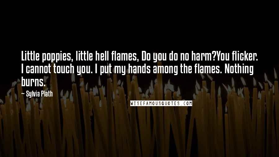 Sylvia Plath Quotes: Little poppies, little hell flames, Do you do no harm?You flicker. I cannot touch you. I put my hands among the flames. Nothing burns.