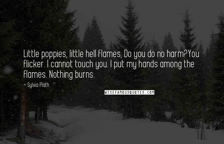 Sylvia Plath Quotes: Little poppies, little hell flames, Do you do no harm?You flicker. I cannot touch you. I put my hands among the flames. Nothing burns.