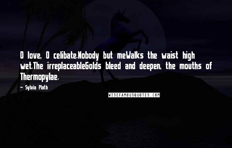 Sylvia Plath Quotes: O love, O celibate.Nobody but meWalks the waist high wet.The irreplaceableGolds bleed and deepen, the mouths of Thermopylae.