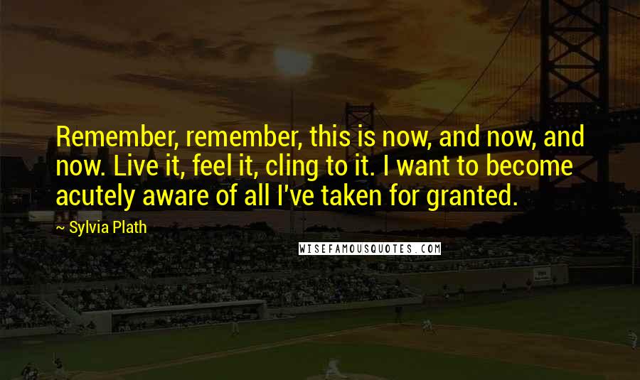 Sylvia Plath Quotes: Remember, remember, this is now, and now, and now. Live it, feel it, cling to it. I want to become acutely aware of all I've taken for granted.