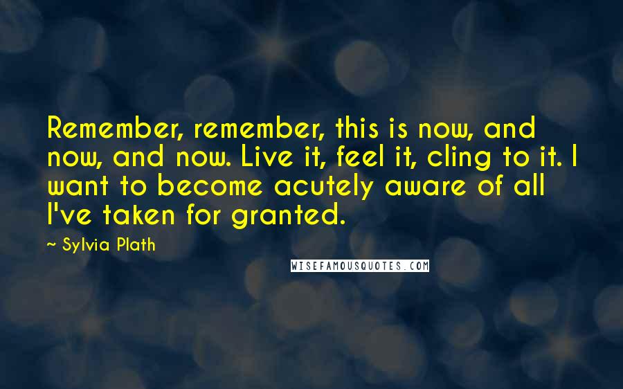 Sylvia Plath Quotes: Remember, remember, this is now, and now, and now. Live it, feel it, cling to it. I want to become acutely aware of all I've taken for granted.