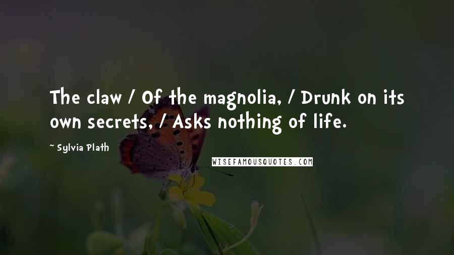 Sylvia Plath Quotes: The claw / Of the magnolia, / Drunk on its own secrets, / Asks nothing of life.