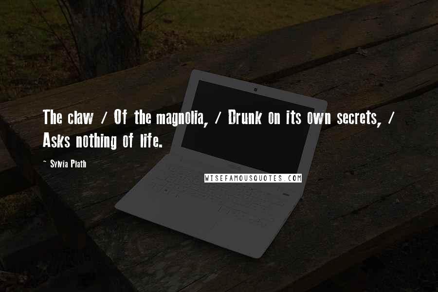 Sylvia Plath Quotes: The claw / Of the magnolia, / Drunk on its own secrets, / Asks nothing of life.