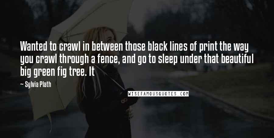 Sylvia Plath Quotes: Wanted to crawl in between those black lines of print the way you crawl through a fence, and go to sleep under that beautiful big green fig tree. It