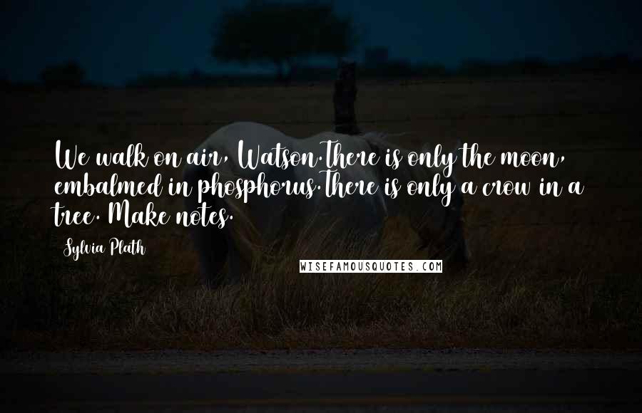 Sylvia Plath Quotes: We walk on air, Watson.There is only the moon, embalmed in phosphorus.There is only a crow in a tree. Make notes.
