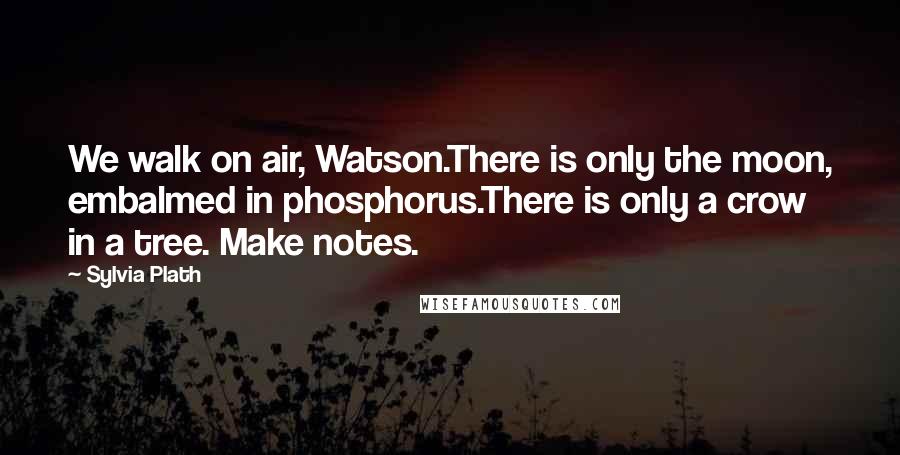 Sylvia Plath Quotes: We walk on air, Watson.There is only the moon, embalmed in phosphorus.There is only a crow in a tree. Make notes.