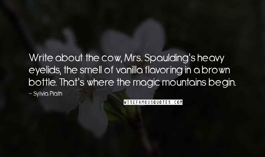 Sylvia Plath Quotes: Write about the cow, Mrs. Spaulding's heavy eyelids, the smell of vanilla flavoring in a brown bottle. That's where the magic mountains begin.