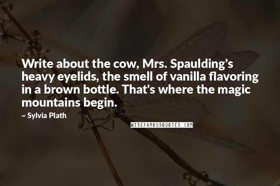 Sylvia Plath Quotes: Write about the cow, Mrs. Spaulding's heavy eyelids, the smell of vanilla flavoring in a brown bottle. That's where the magic mountains begin.