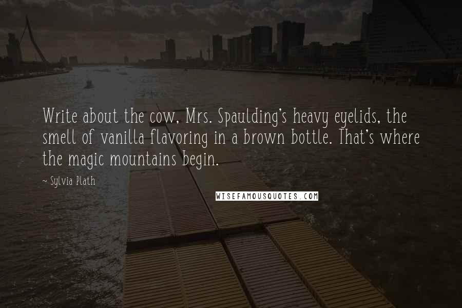 Sylvia Plath Quotes: Write about the cow, Mrs. Spaulding's heavy eyelids, the smell of vanilla flavoring in a brown bottle. That's where the magic mountains begin.