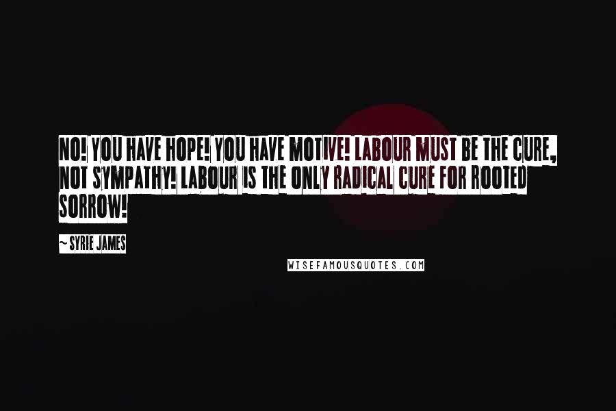 Syrie James Quotes: No! You have hope! You have motive! Labour must be the cure, not sympathy! Labour is the only radical cure for rooted sorrow!