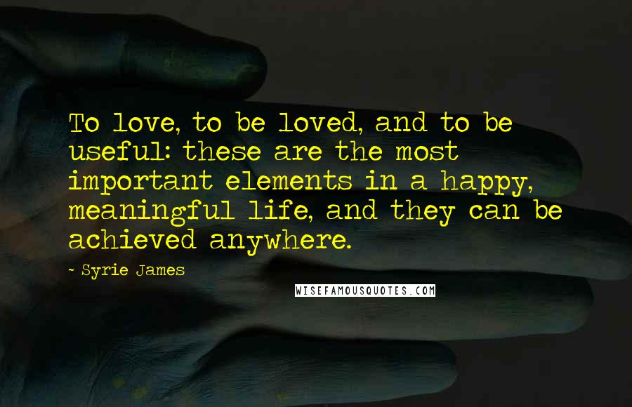 Syrie James Quotes: To love, to be loved, and to be useful: these are the most important elements in a happy, meaningful life, and they can be achieved anywhere.