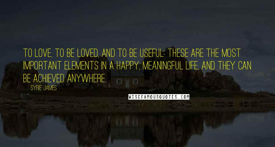 Syrie James Quotes: To love, to be loved, and to be useful: these are the most important elements in a happy, meaningful life, and they can be achieved anywhere.