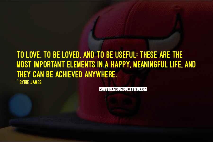 Syrie James Quotes: To love, to be loved, and to be useful: these are the most important elements in a happy, meaningful life, and they can be achieved anywhere.