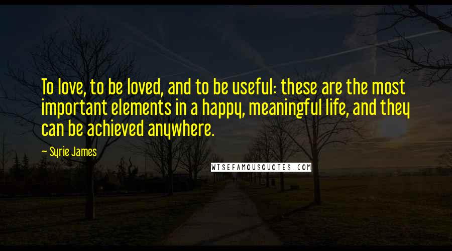 Syrie James Quotes: To love, to be loved, and to be useful: these are the most important elements in a happy, meaningful life, and they can be achieved anywhere.