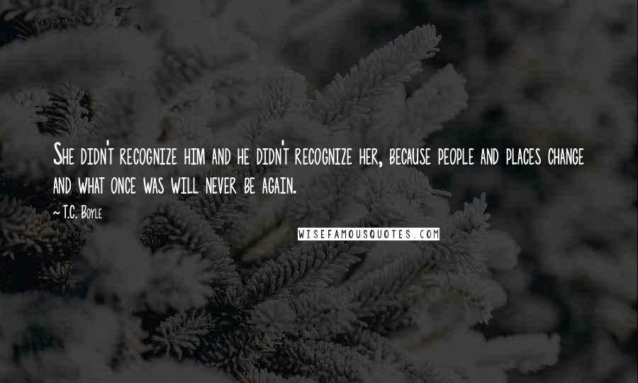 T.C. Boyle Quotes: She didn't recognize him and he didn't recognize her, because people and places change and what once was will never be again.