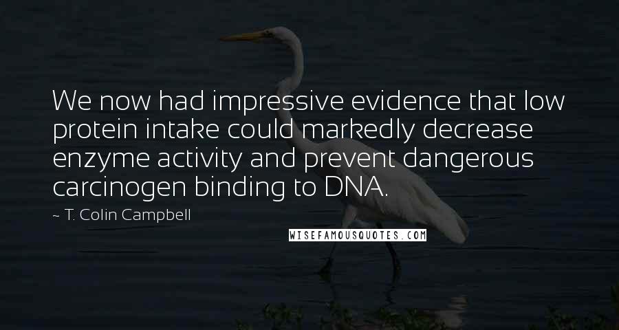 T. Colin Campbell Quotes: We now had impressive evidence that low protein intake could markedly decrease enzyme activity and prevent dangerous carcinogen binding to DNA.