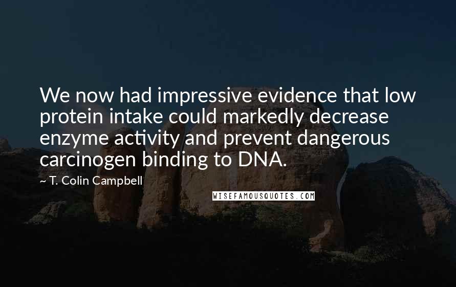 T. Colin Campbell Quotes: We now had impressive evidence that low protein intake could markedly decrease enzyme activity and prevent dangerous carcinogen binding to DNA.