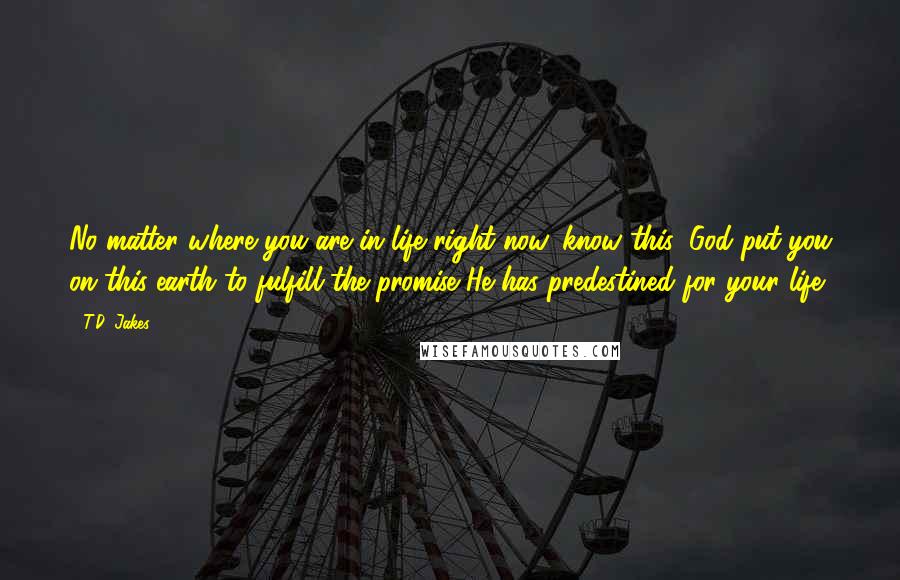 T.D. Jakes Quotes: No matter where you are in life right now, know this: God put you on this earth to fulfill the promise He has predestined for your life.