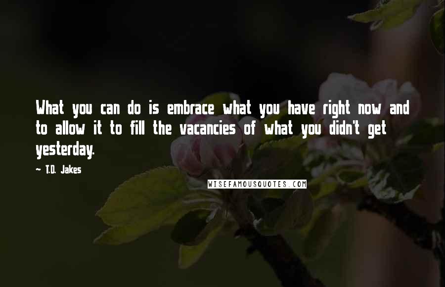 T.D. Jakes Quotes: What you can do is embrace what you have right now and to allow it to fill the vacancies of what you didn't get yesterday.