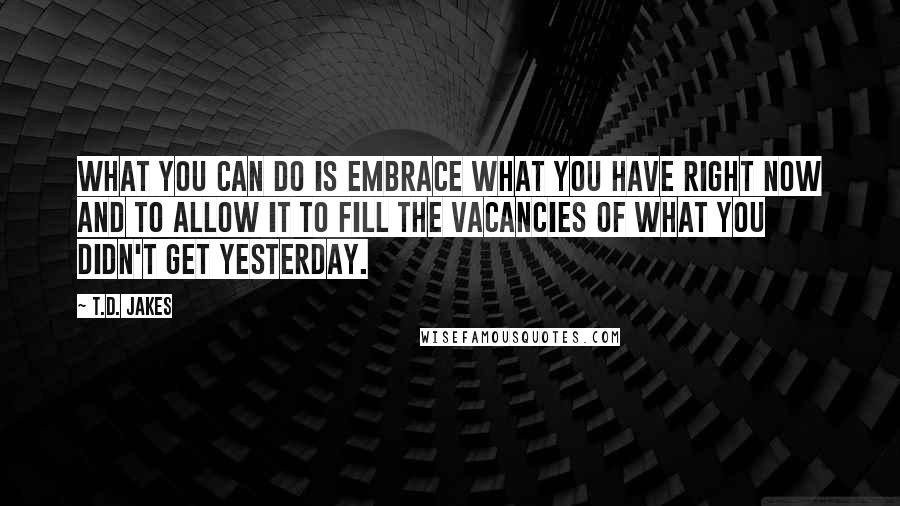 T.D. Jakes Quotes: What you can do is embrace what you have right now and to allow it to fill the vacancies of what you didn't get yesterday.