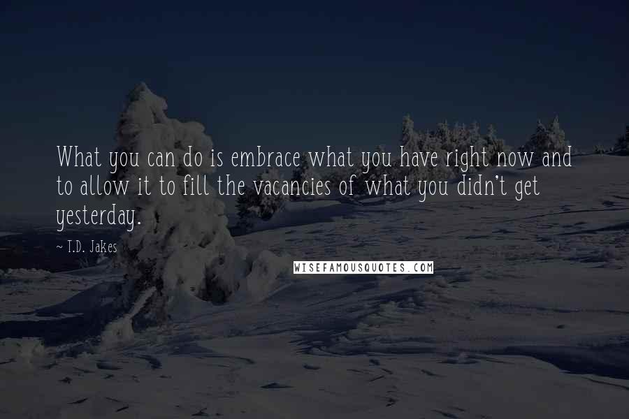 T.D. Jakes Quotes: What you can do is embrace what you have right now and to allow it to fill the vacancies of what you didn't get yesterday.