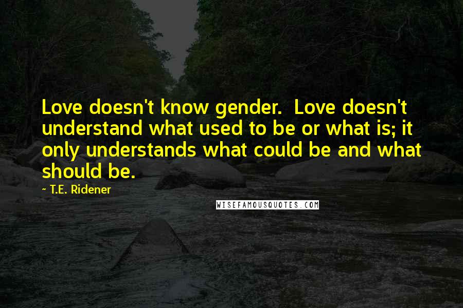 T.E. Ridener Quotes: Love doesn't know gender.  Love doesn't understand what used to be or what is; it only understands what could be and what should be.