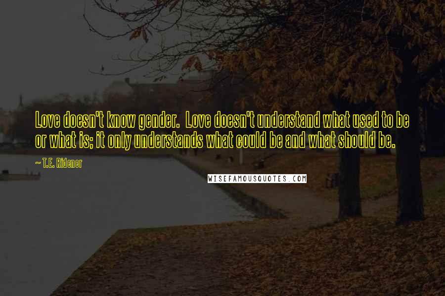 T.E. Ridener Quotes: Love doesn't know gender.  Love doesn't understand what used to be or what is; it only understands what could be and what should be.