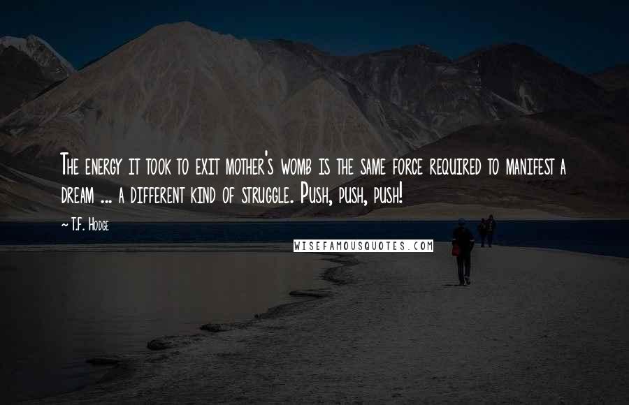 T.F. Hodge Quotes: The energy it took to exit mother's womb is the same force required to manifest a dream ... a different kind of struggle. Push, push, push!