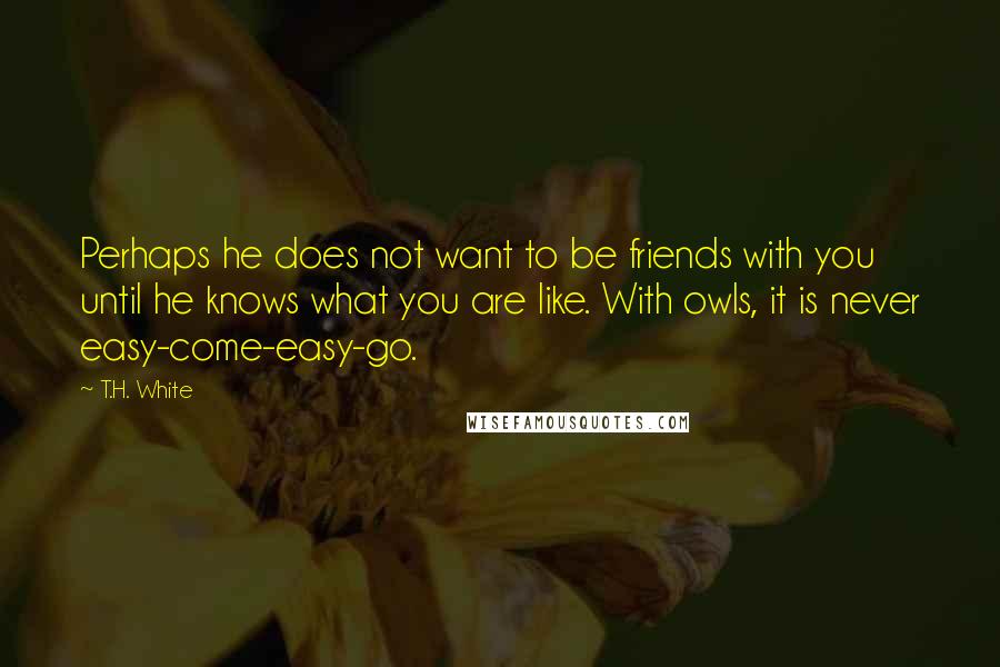 T.H. White Quotes: Perhaps he does not want to be friends with you until he knows what you are like. With owls, it is never easy-come-easy-go.