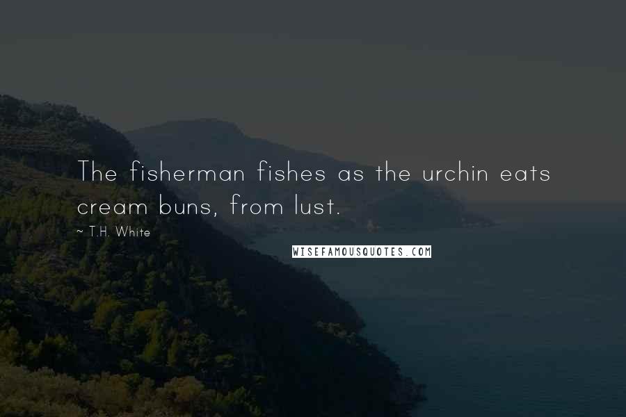 T.H. White Quotes: The fisherman fishes as the urchin eats cream buns, from lust.