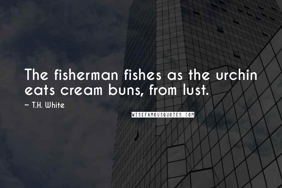 T.H. White Quotes: The fisherman fishes as the urchin eats cream buns, from lust.