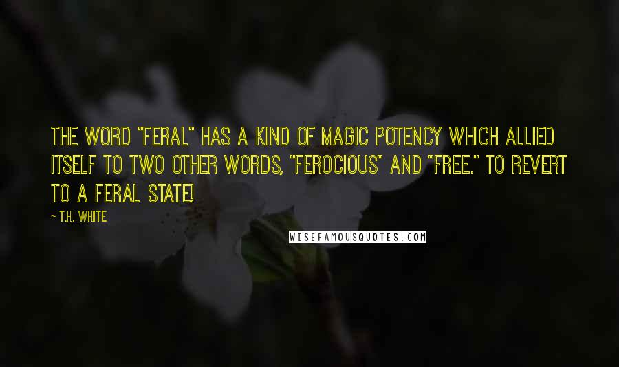 T.H. White Quotes: The word "feral" has a kind of magic potency which allied itself to two other words, "ferocious" and "free." To revert to a feral state!