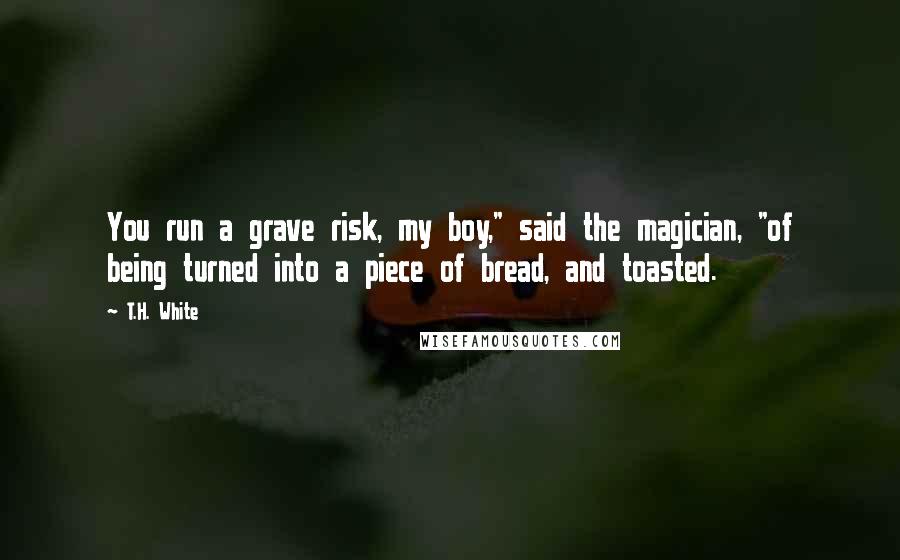 T.H. White Quotes: You run a grave risk, my boy," said the magician, "of being turned into a piece of bread, and toasted.