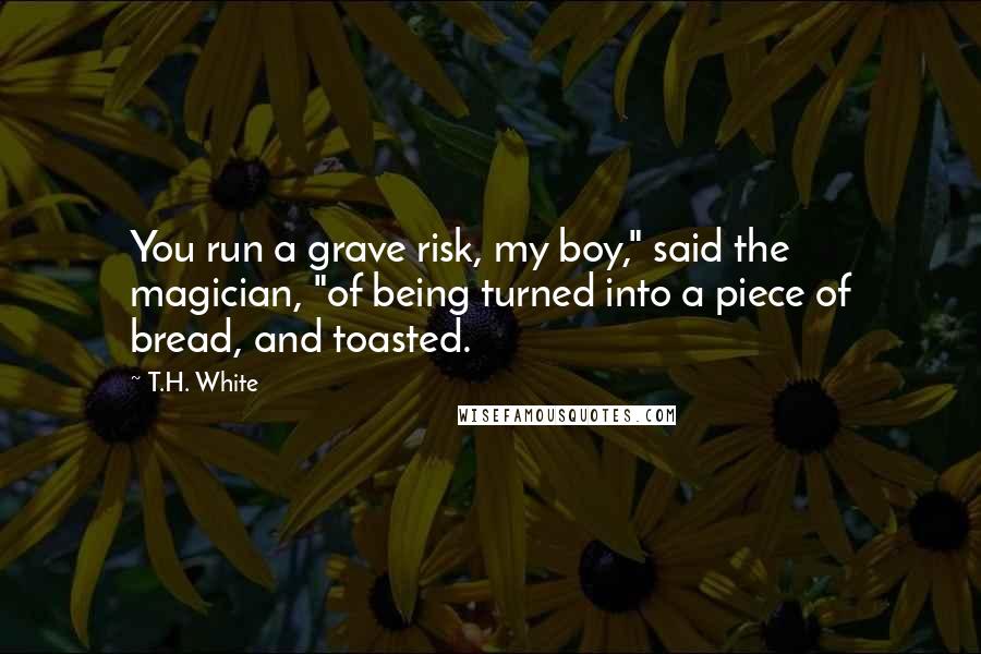 T.H. White Quotes: You run a grave risk, my boy," said the magician, "of being turned into a piece of bread, and toasted.