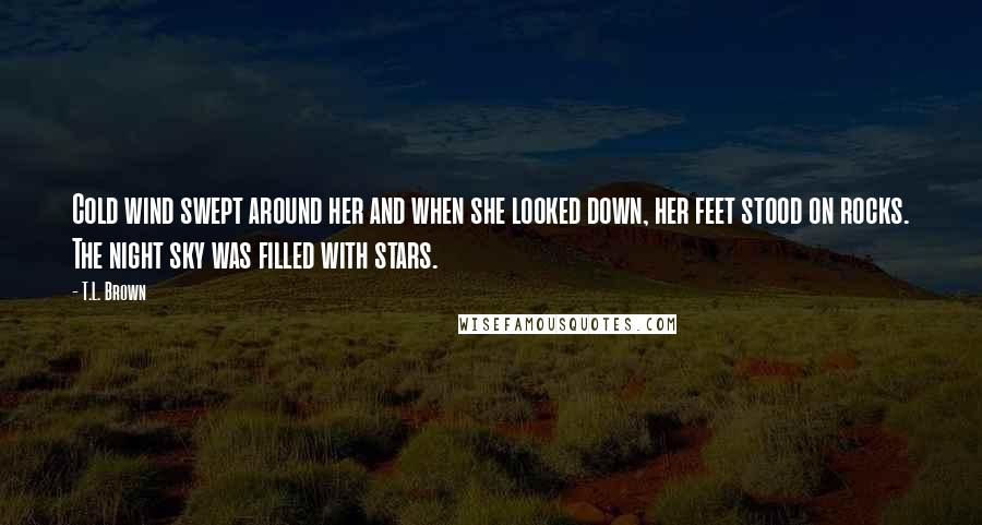 T.L. Brown Quotes: Cold wind swept around her and when she looked down, her feet stood on rocks. The night sky was filled with stars.