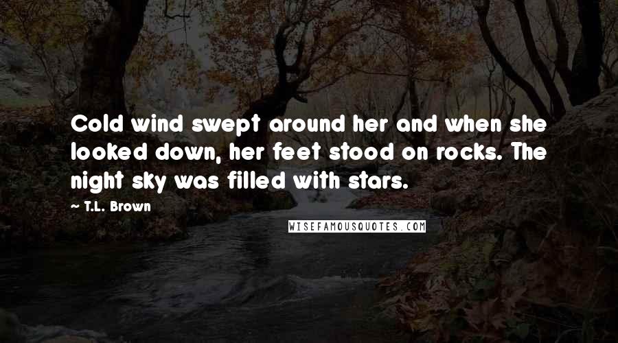 T.L. Brown Quotes: Cold wind swept around her and when she looked down, her feet stood on rocks. The night sky was filled with stars.