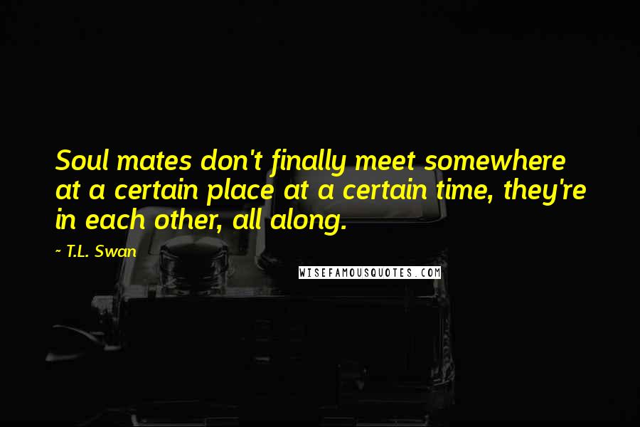 T.L. Swan Quotes: Soul mates don't finally meet somewhere at a certain place at a certain time, they're in each other, all along.