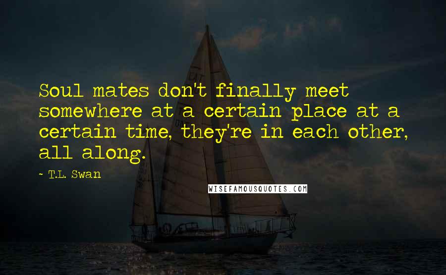 T.L. Swan Quotes: Soul mates don't finally meet somewhere at a certain place at a certain time, they're in each other, all along.