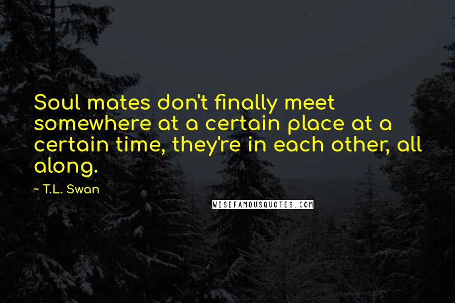 T.L. Swan Quotes: Soul mates don't finally meet somewhere at a certain place at a certain time, they're in each other, all along.