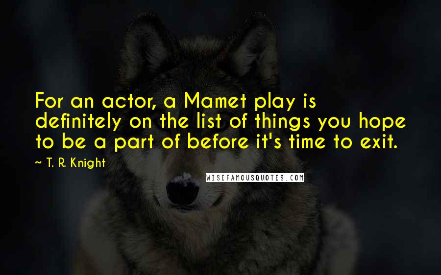 T. R. Knight Quotes: For an actor, a Mamet play is definitely on the list of things you hope to be a part of before it's time to exit.