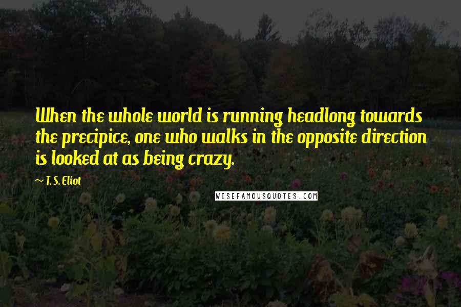 T. S. Eliot Quotes: When the whole world is running headlong towards the precipice, one who walks in the opposite direction is looked at as being crazy.