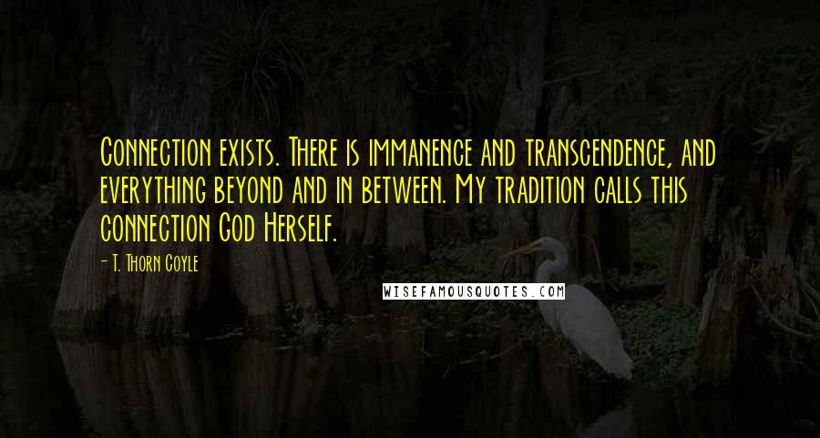 T. Thorn Coyle Quotes: Connection exists. There is immanence and transcendence, and everything beyond and in between. My tradition calls this connection God Herself.