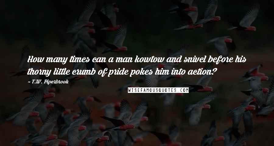 T.W. Piperbrook Quotes: How many times can a man kowtow and snivel before his thorny little crumb of pride pokes him into action?