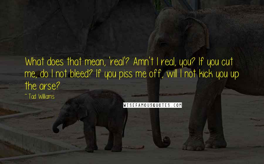 Tad Williams Quotes: What does that mean, 'real'? Amn't I real, you? If you cut me, do I not bleed? If you piss me off, will I not kick you up the arse?