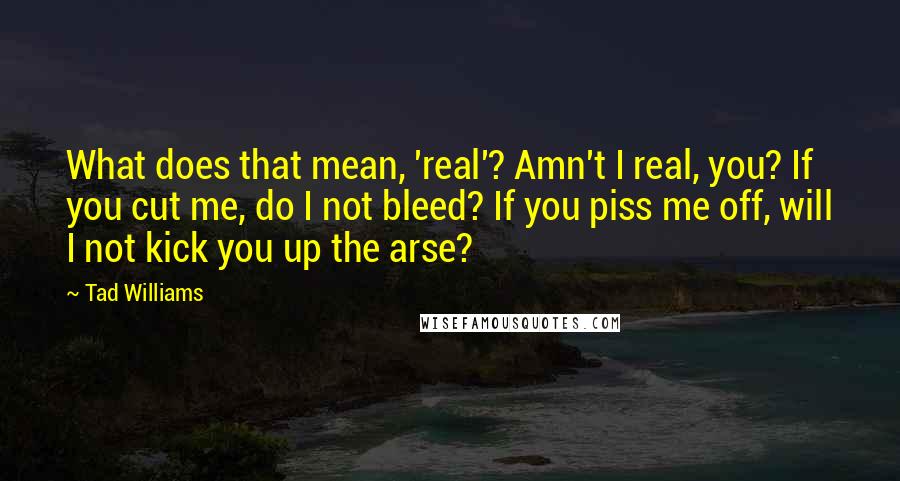 Tad Williams Quotes: What does that mean, 'real'? Amn't I real, you? If you cut me, do I not bleed? If you piss me off, will I not kick you up the arse?