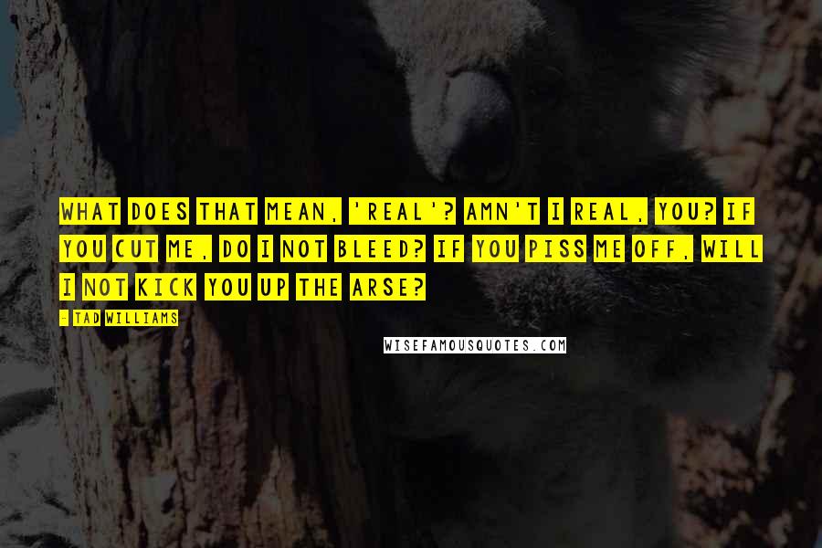 Tad Williams Quotes: What does that mean, 'real'? Amn't I real, you? If you cut me, do I not bleed? If you piss me off, will I not kick you up the arse?