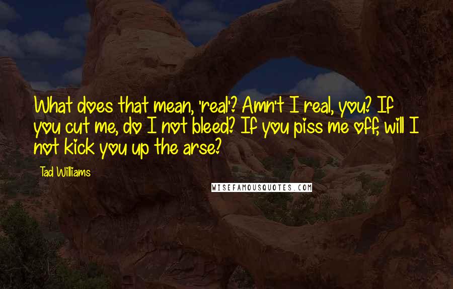 Tad Williams Quotes: What does that mean, 'real'? Amn't I real, you? If you cut me, do I not bleed? If you piss me off, will I not kick you up the arse?