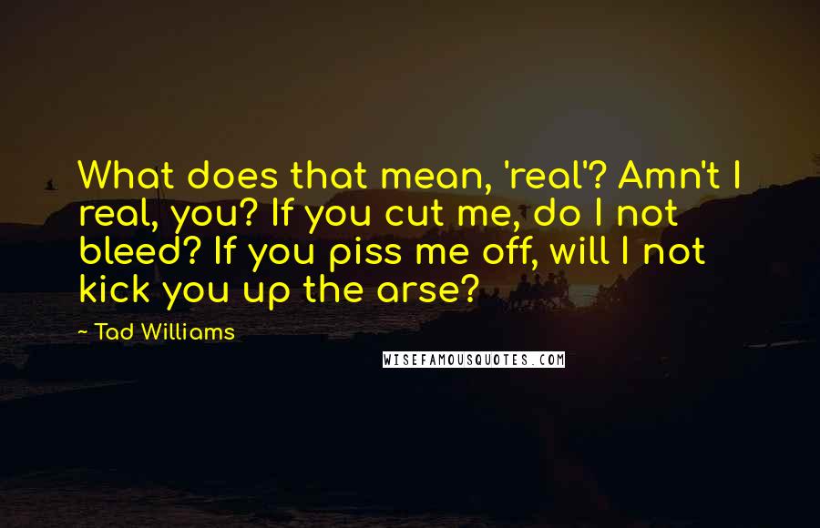 Tad Williams Quotes: What does that mean, 'real'? Amn't I real, you? If you cut me, do I not bleed? If you piss me off, will I not kick you up the arse?